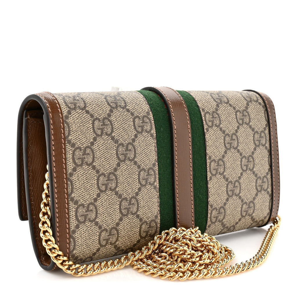 GG Supreme Monogram Azalea Calfskin Web Jackie 1961 Chain Wallet Beige Ebony Brown Sugar