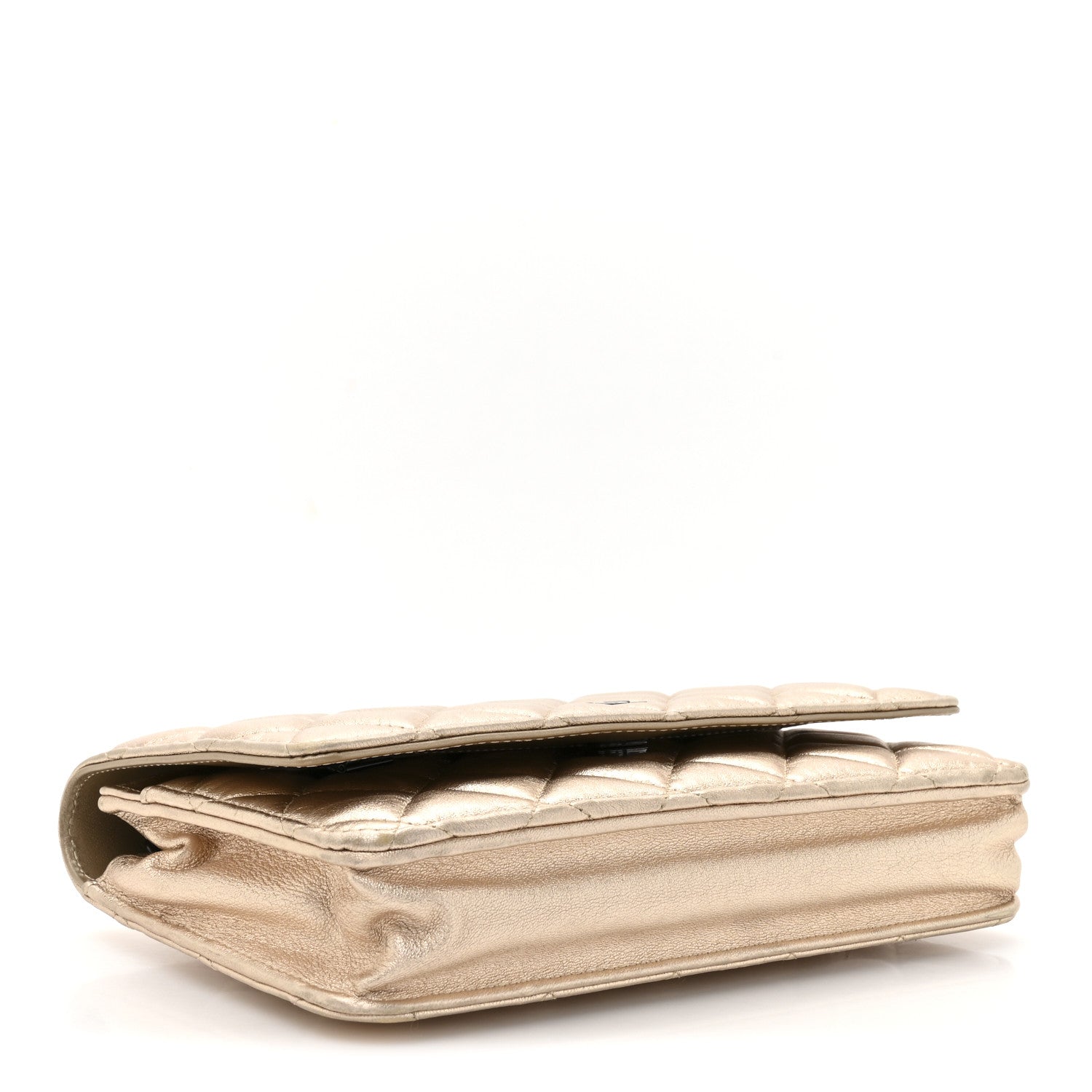 Metallic Lambskin Quilted Wallet On Chain WOC Gold Black