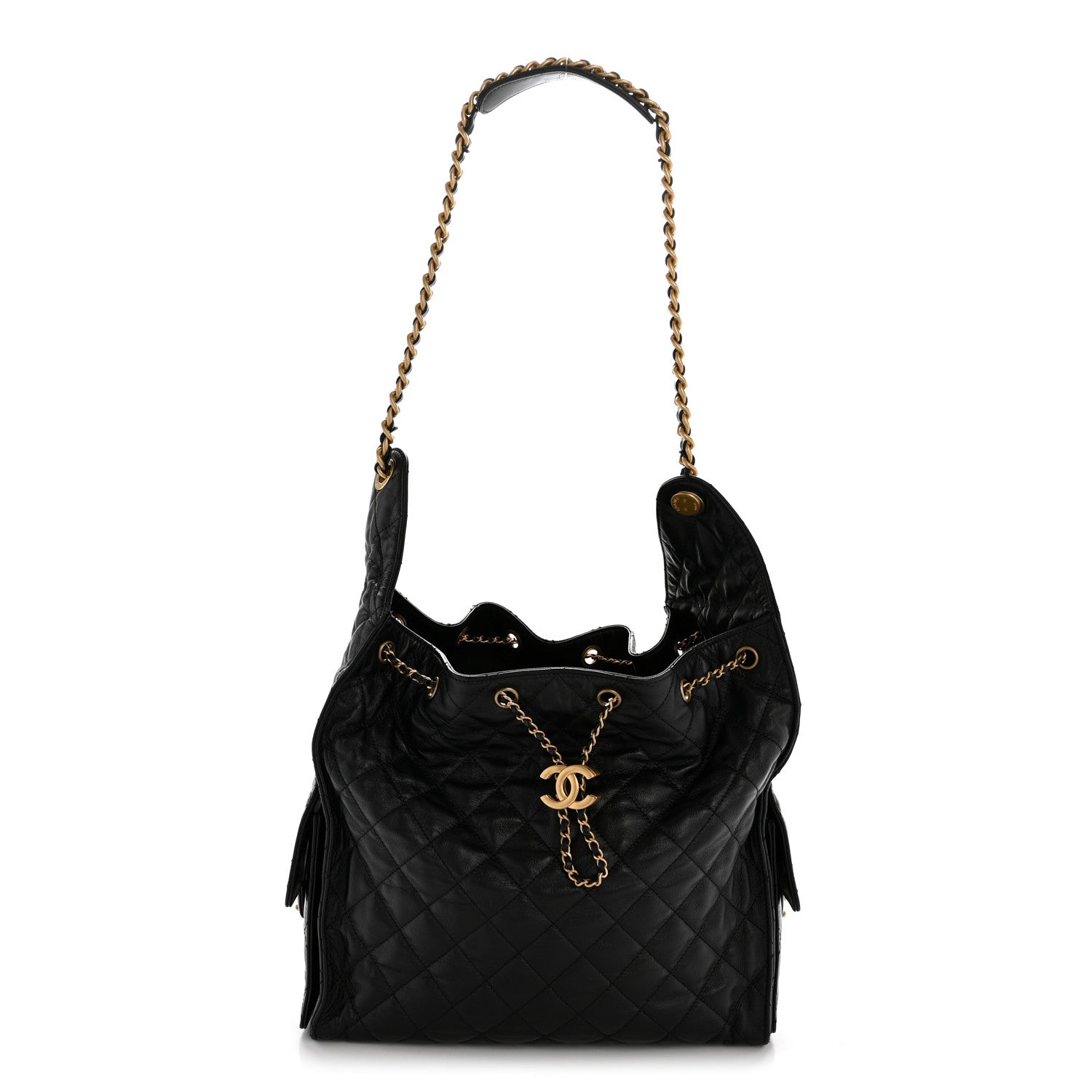 Shiny Crumpled Calfskin Quilted Medium Chanel 25 Handbag Black