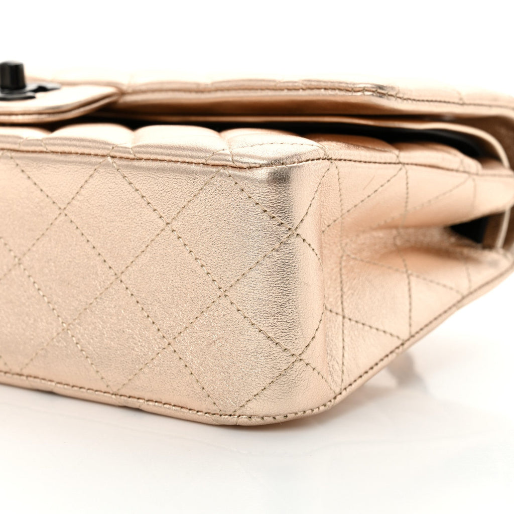 Metallic Lambskin Quilted Medium Double Flap Gold Black