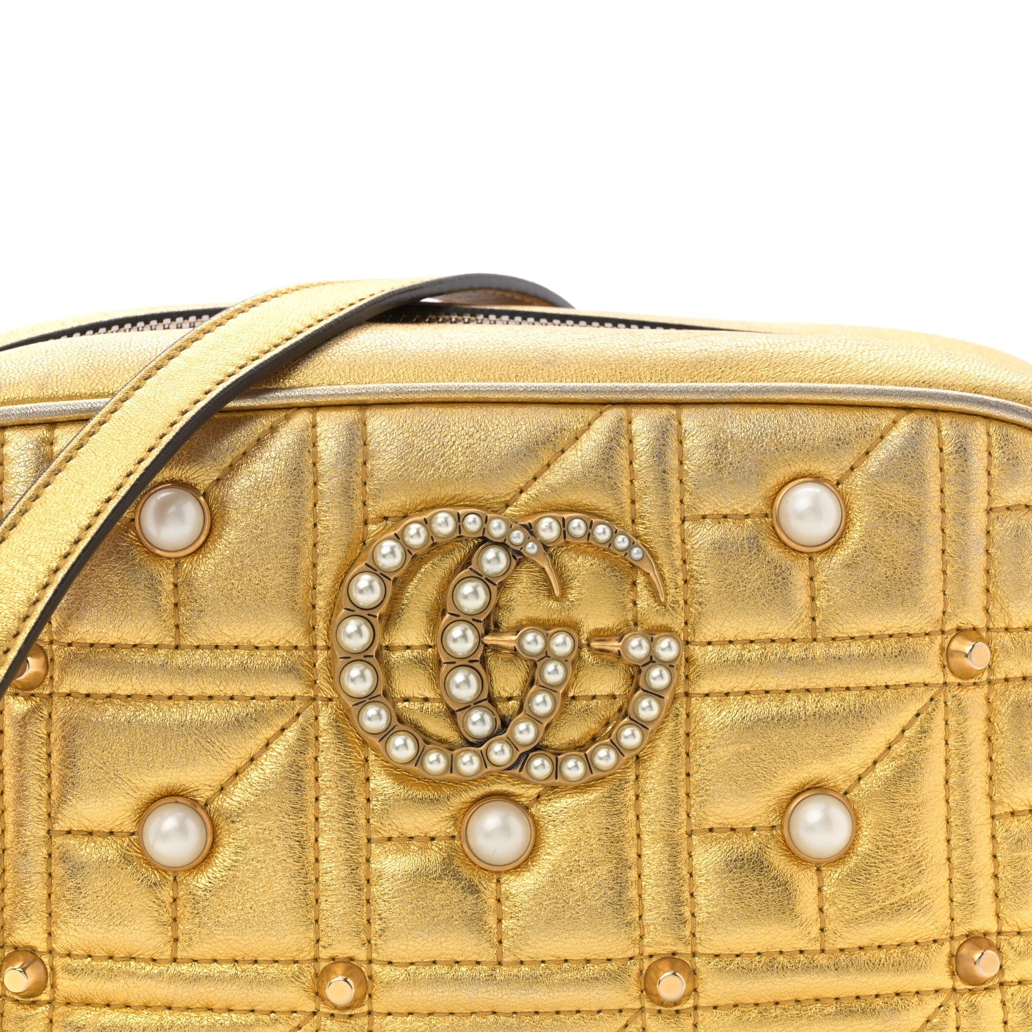 Metallic Calfskin Matelasse Studded Small Pearly GG Marmont Chain Shoulder Bag Gold