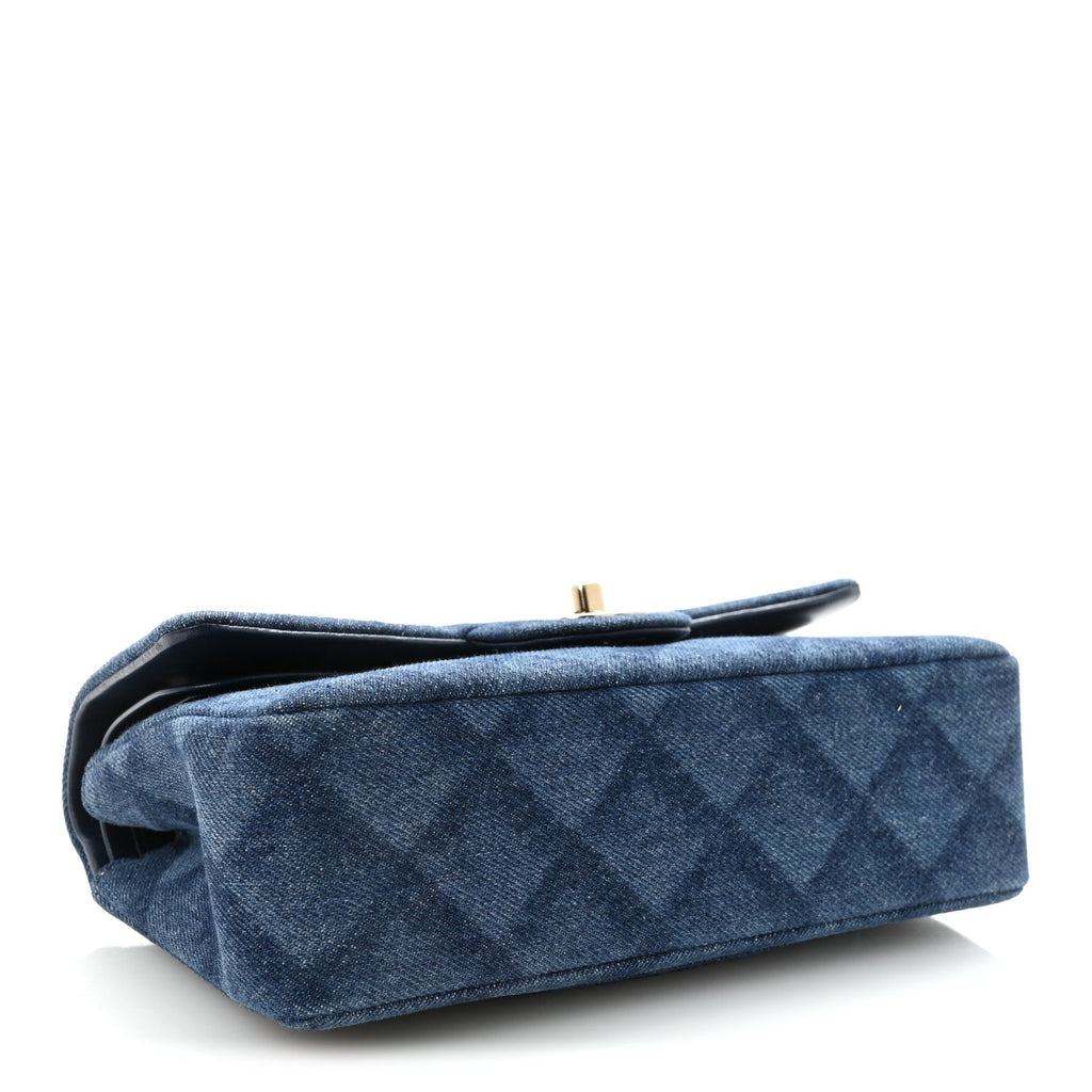 Printed Denim Quilted Small Double Flap Blue