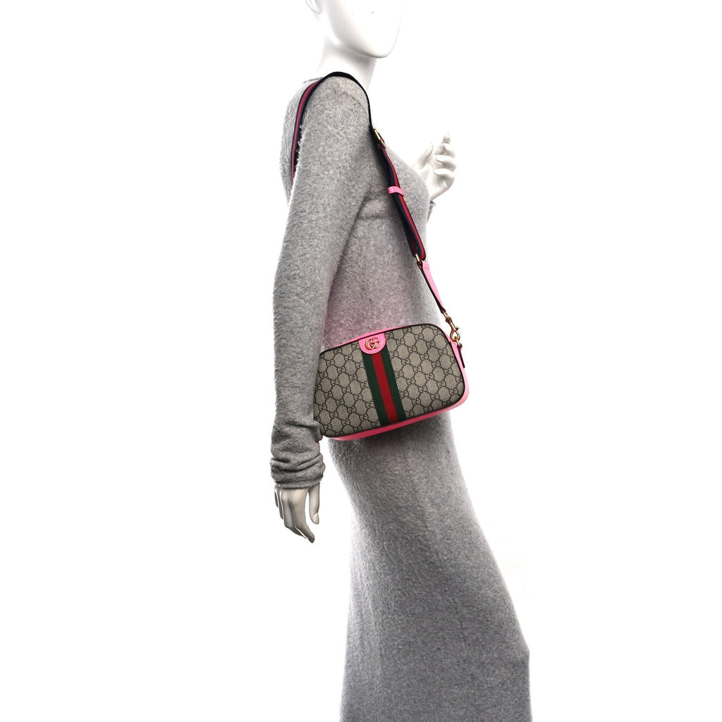 GG Supreme Monogram Textured Dollar Calfskin Web Ophidia Small Crossbody Bag Beige Ebony Fuchsia