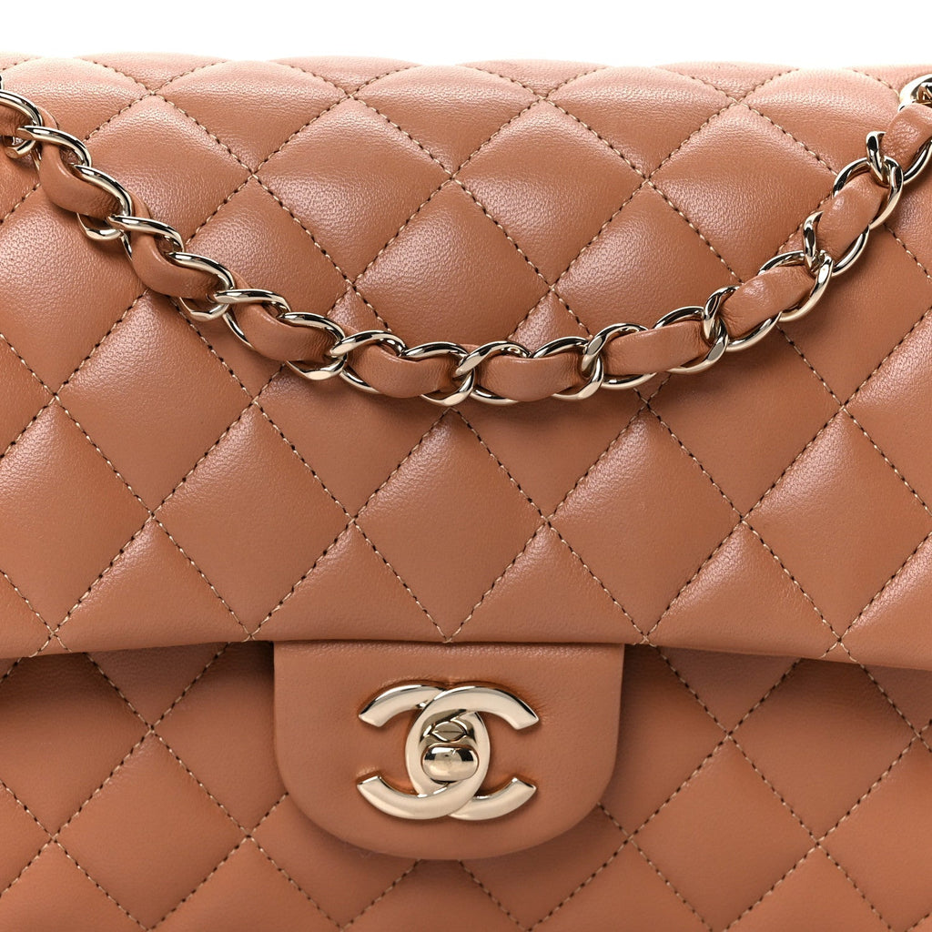 Lambskin Quilted Medium Double Flap Brown