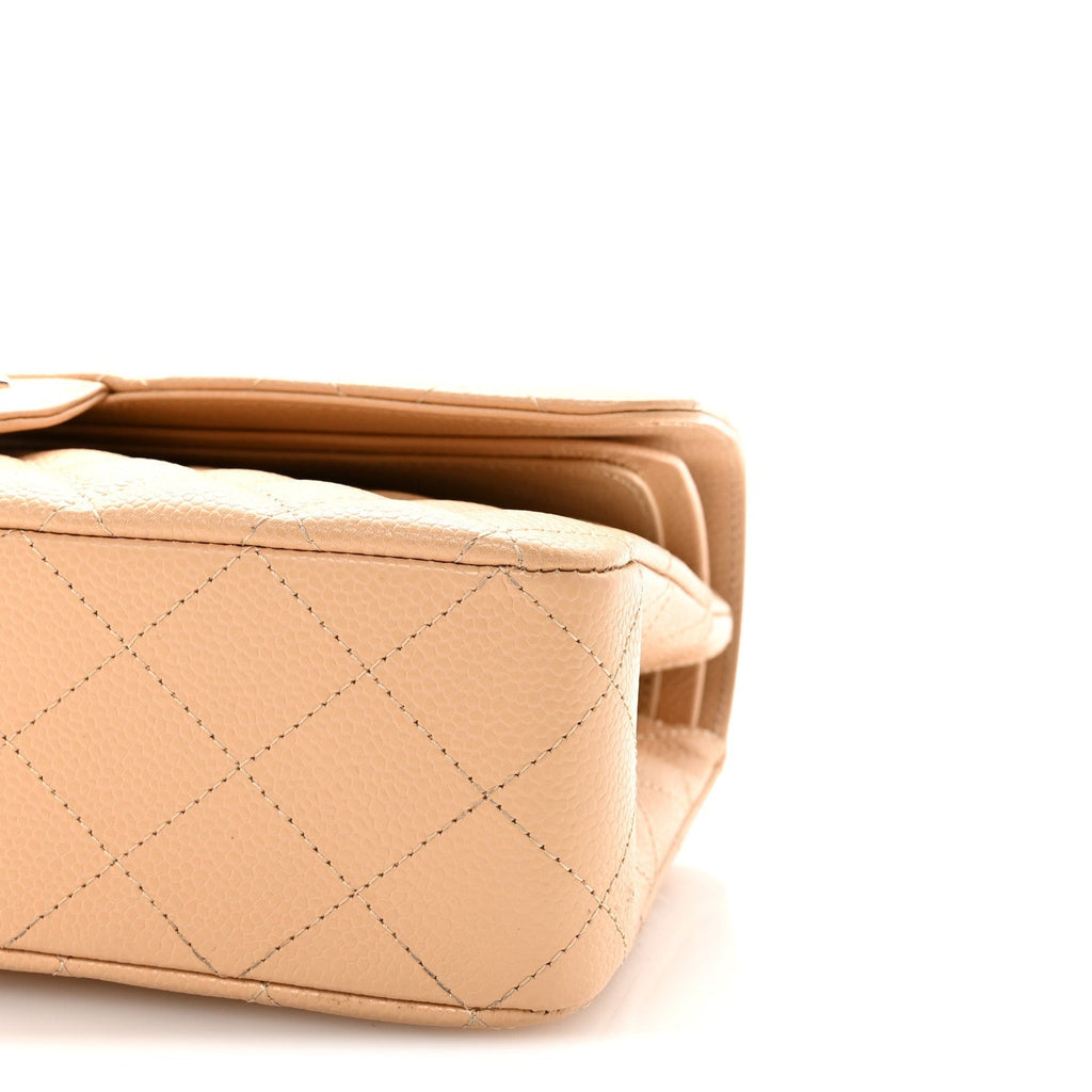 Caviar Quilted Medium Double Flap Beige