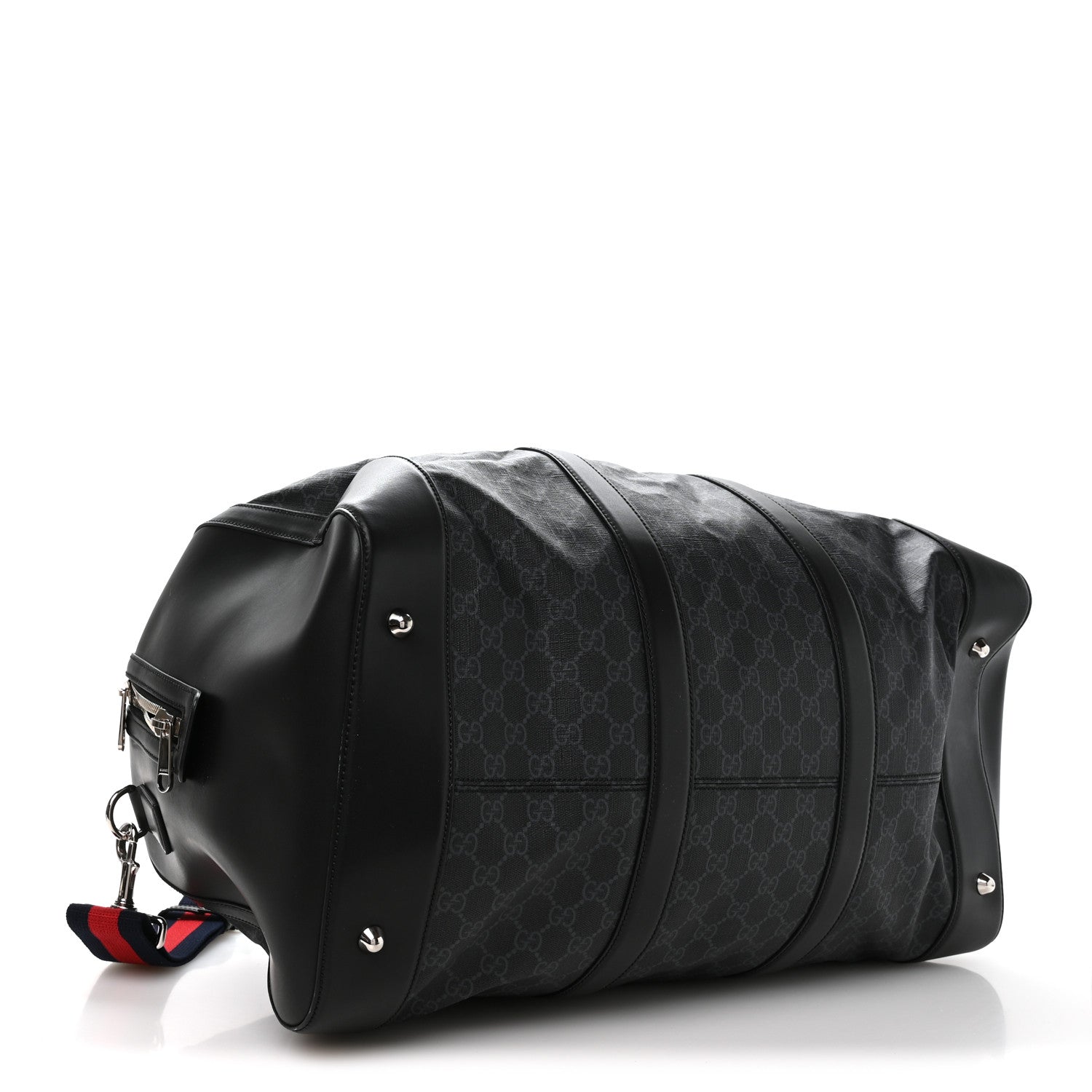 Soft GG Supreme Monogram Appia Calfskin Web Large Carry On Duffle Bag Black Grey