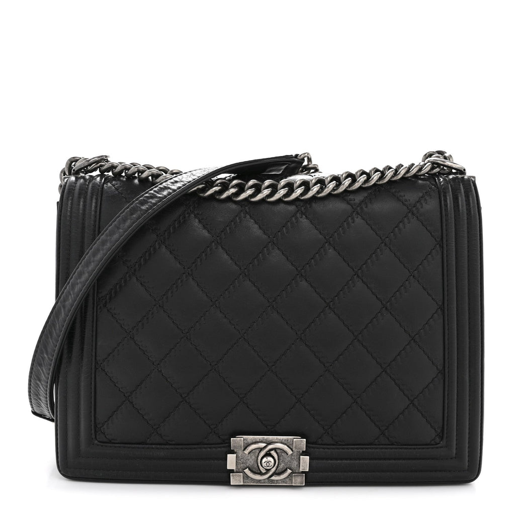 Calfskin Embossed Stitch Large Boy Flap Black