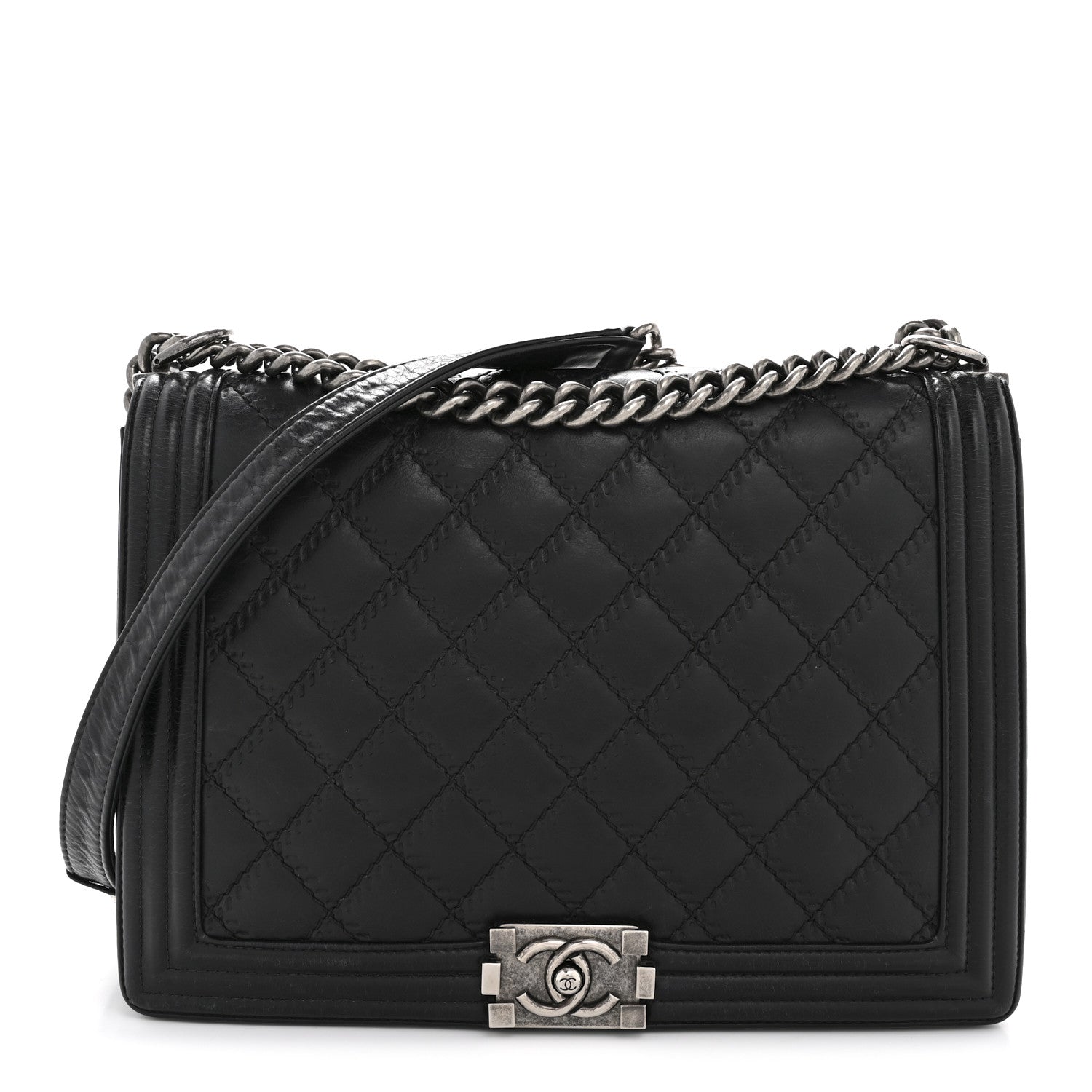 Calfskin Embossed Stitch Large Boy Flap Black