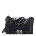 Glazed Calfskin Quilted Medium Boy Chained Flap Blue