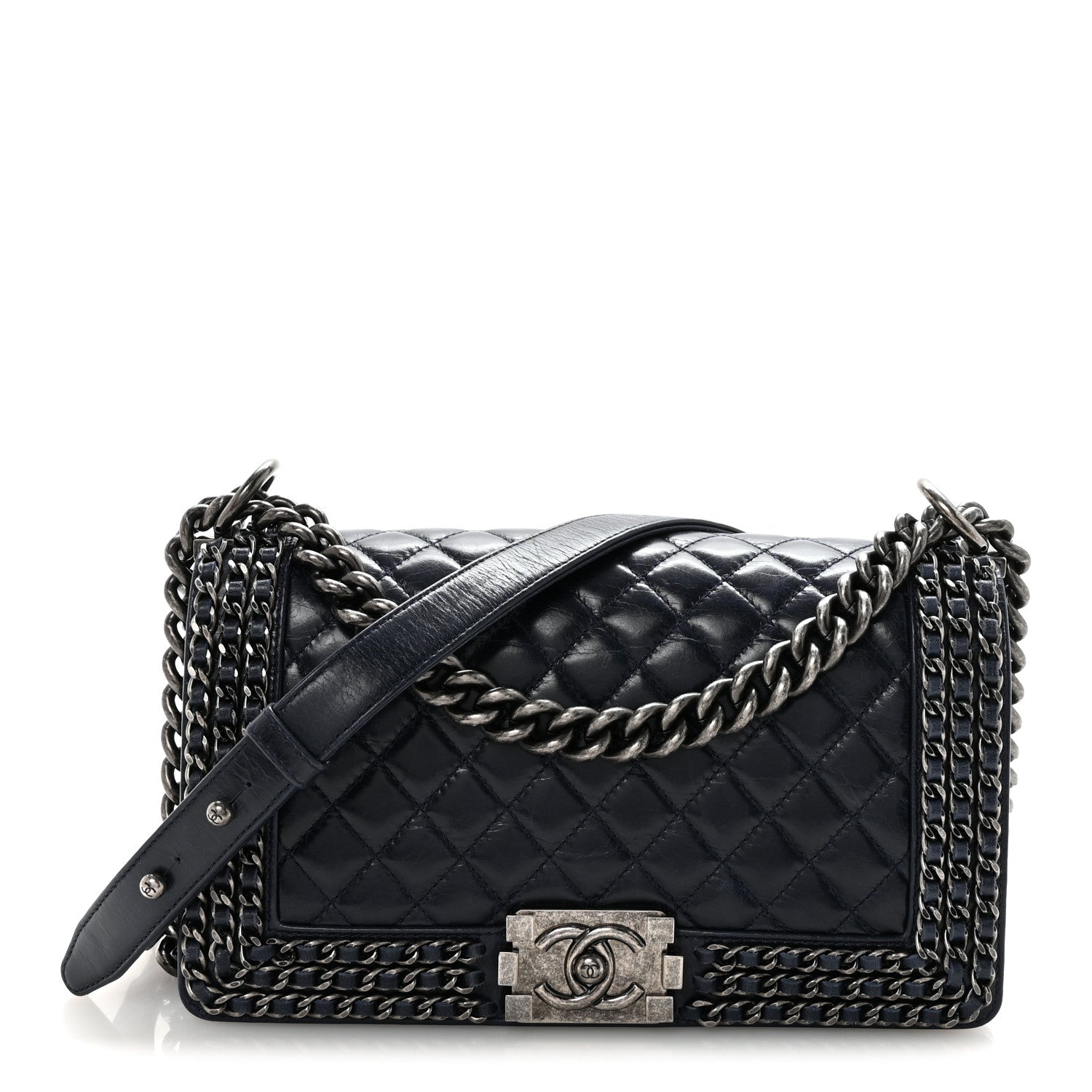 Glazed Calfskin Quilted Medium Boy Chained Flap Blue
