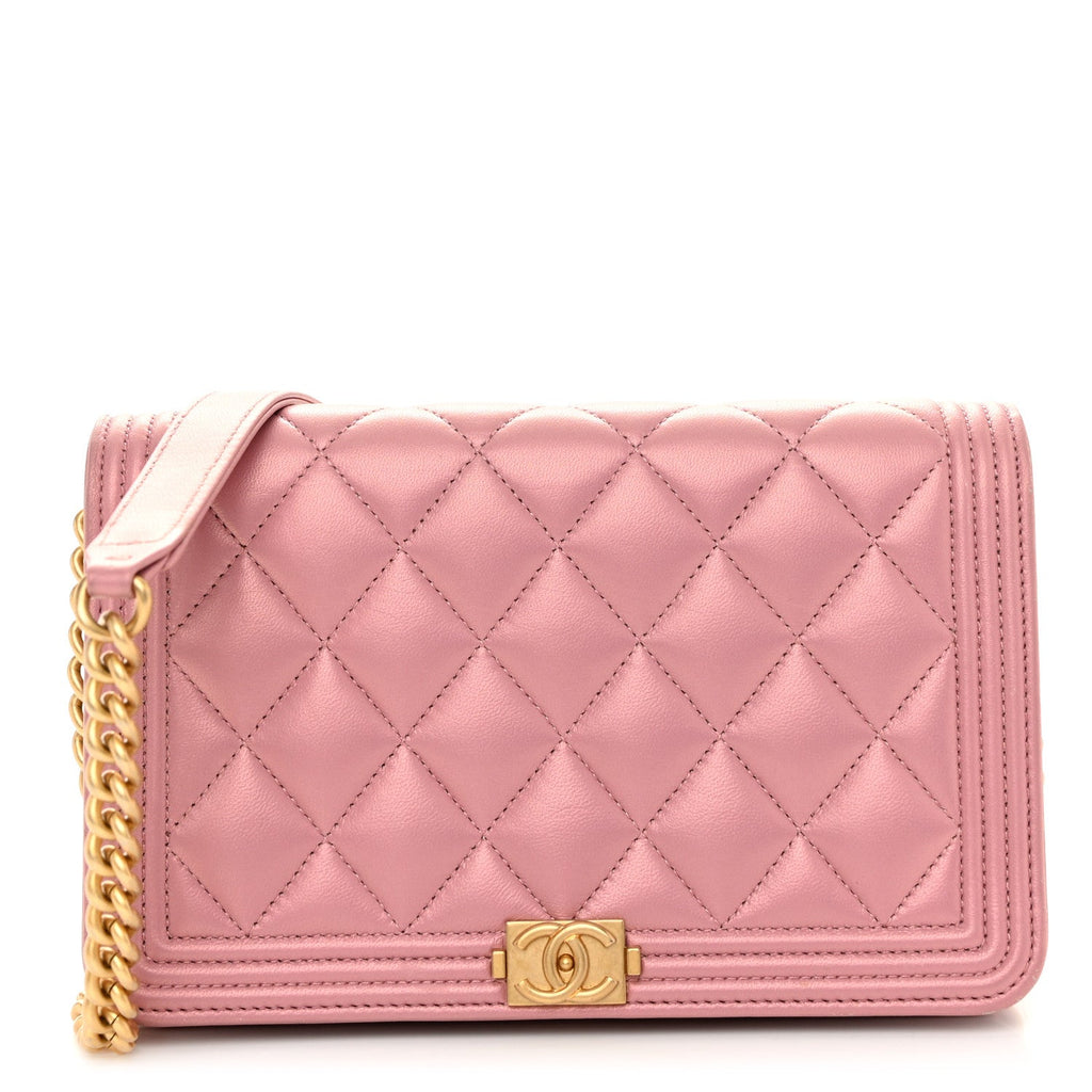Metallic Lambskin Quilted Boy Wallet On Chain WOC Pink