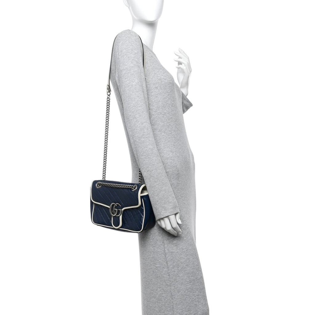 Vintage Effect Calfskin Matelasse Diagonal Small Torchon GG Marmont Shoulder Bag Blue Agata Mystic White