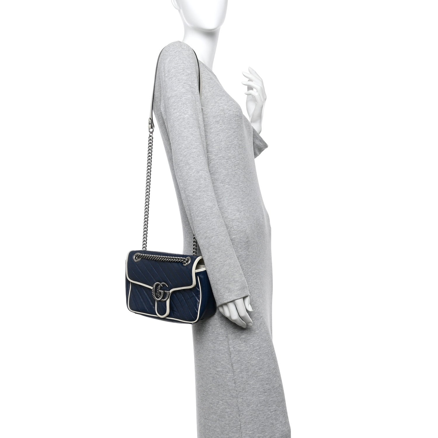 Vintage Effect Calfskin Matelasse Diagonal Small Torchon GG Marmont Shoulder Bag Blue Agata Mystic White