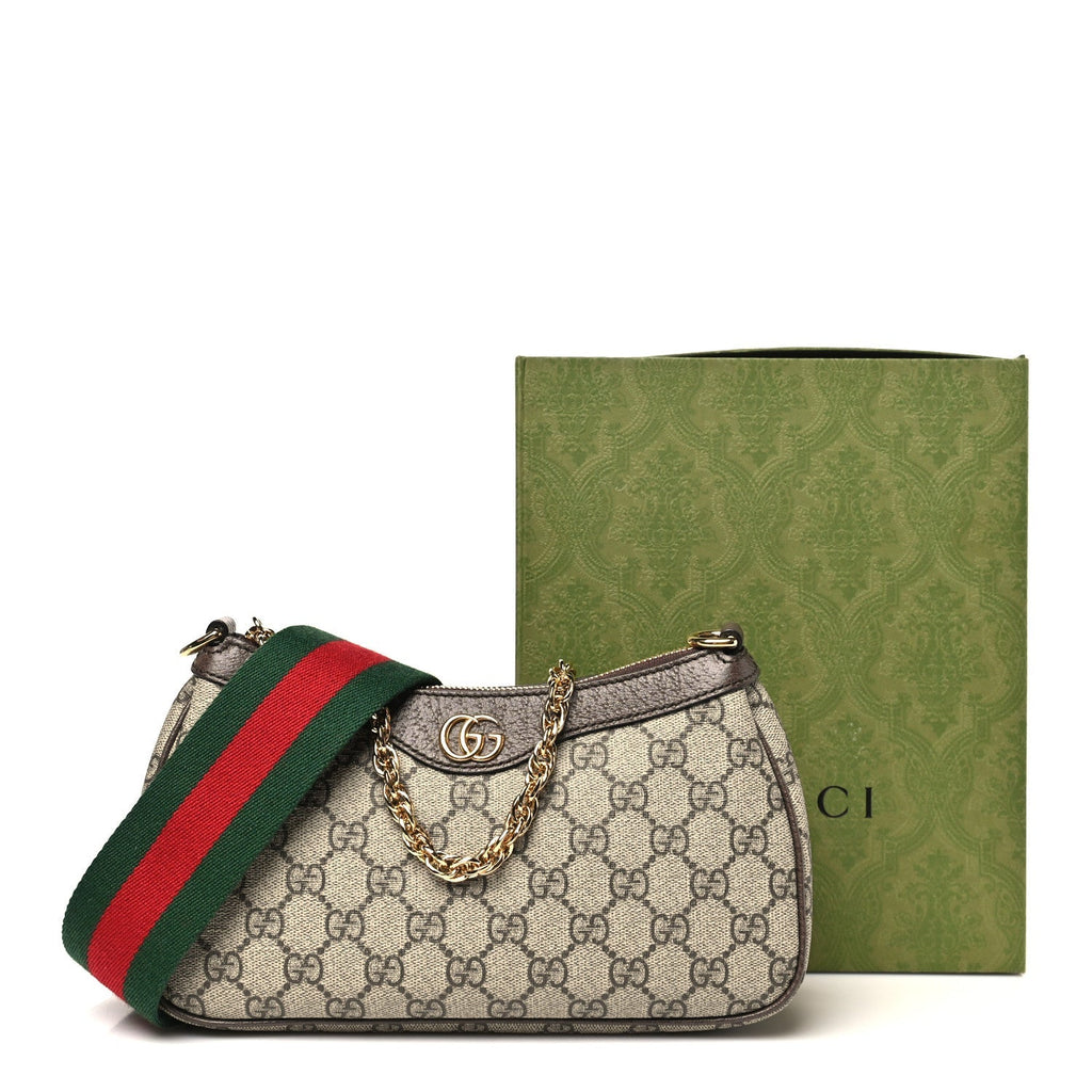 GG Supreme Monogram Textured Dollar Calfskin Web Small Ophidia GG Handbag Beige Ebony New Acero