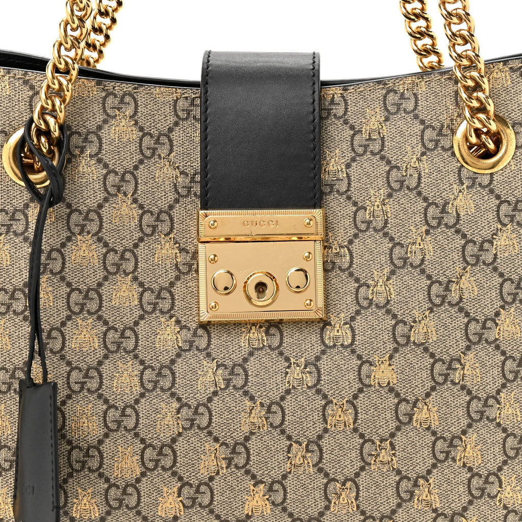 GG Supreme Monogram Bees Medium Padlock Tote Beige Oro Black