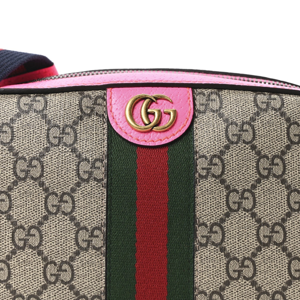 GG Supreme Monogram Textured Dollar Calfskin Web Ophidia Small Crossbody Bag Beige Ebony Fuchsia