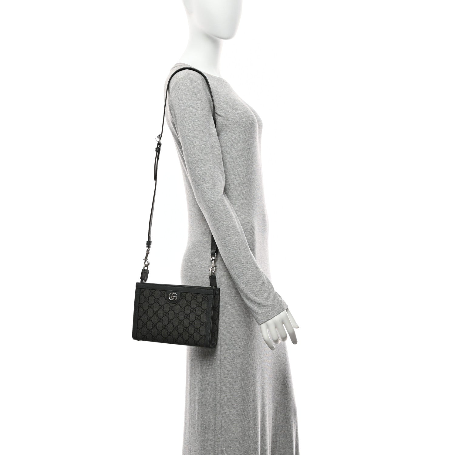 GG Supreme Monogram Textured Dollar Calfskin Web Small Ophidia Shoulder Bag  Grey Black Graphite Grey