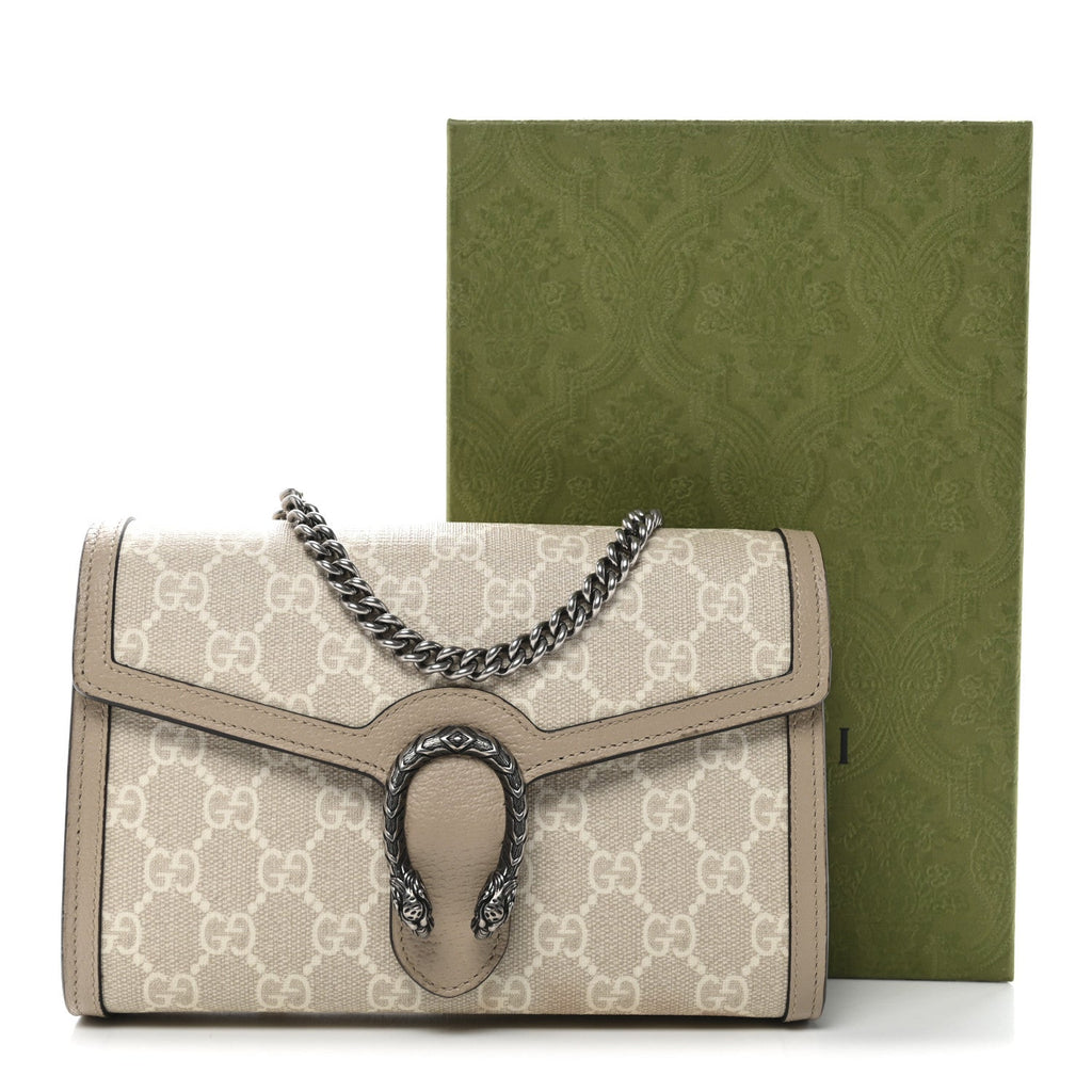 GG Supreme Monogram Textured Dollar Calfskin Mini Dionysus Chain Wallet Beige Mystic White Oatmeal