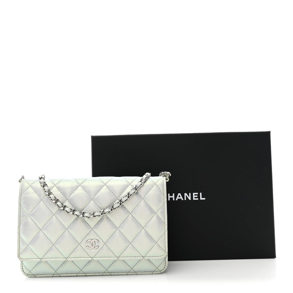 Iridescent Calfskin Quilted Wallet On Chain WOC Light Blue