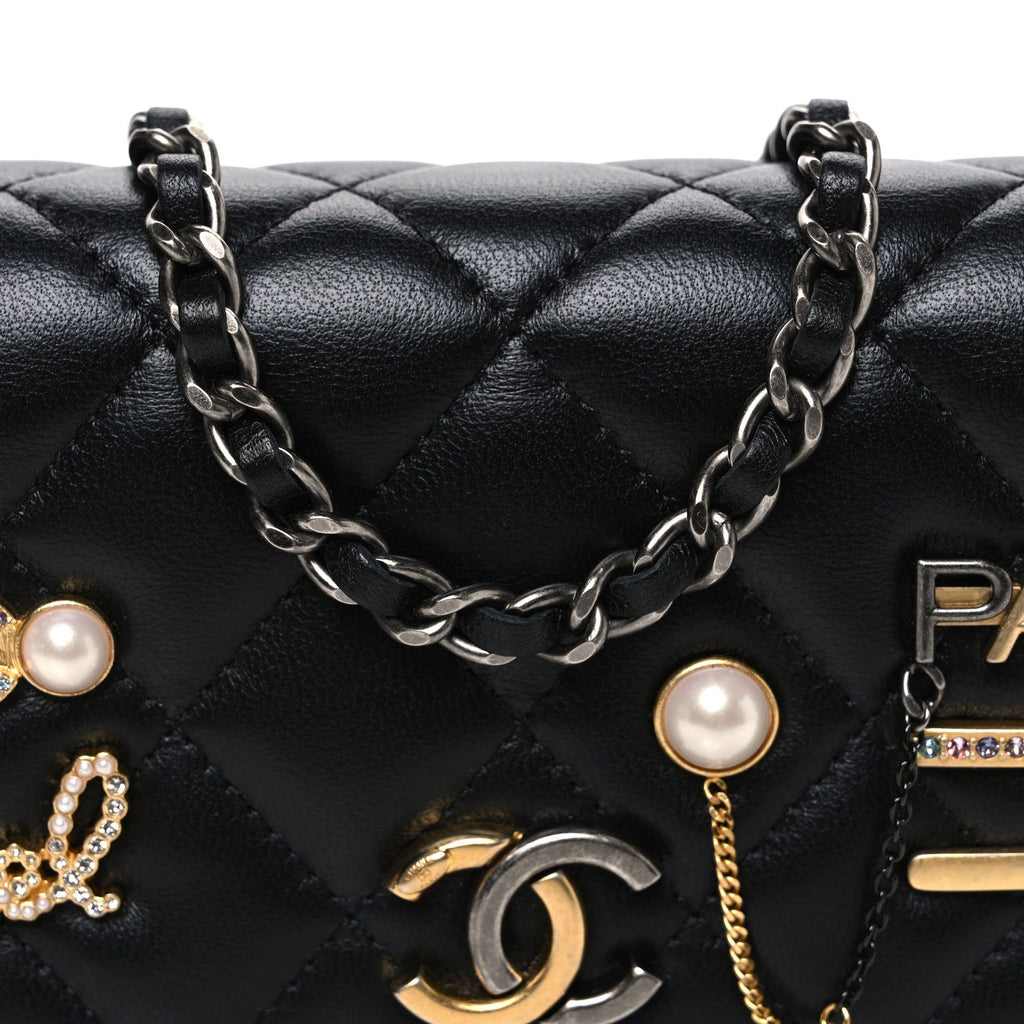 Lambskin Quilted Coco Clips Mini Wallet On Chain WOC Black
