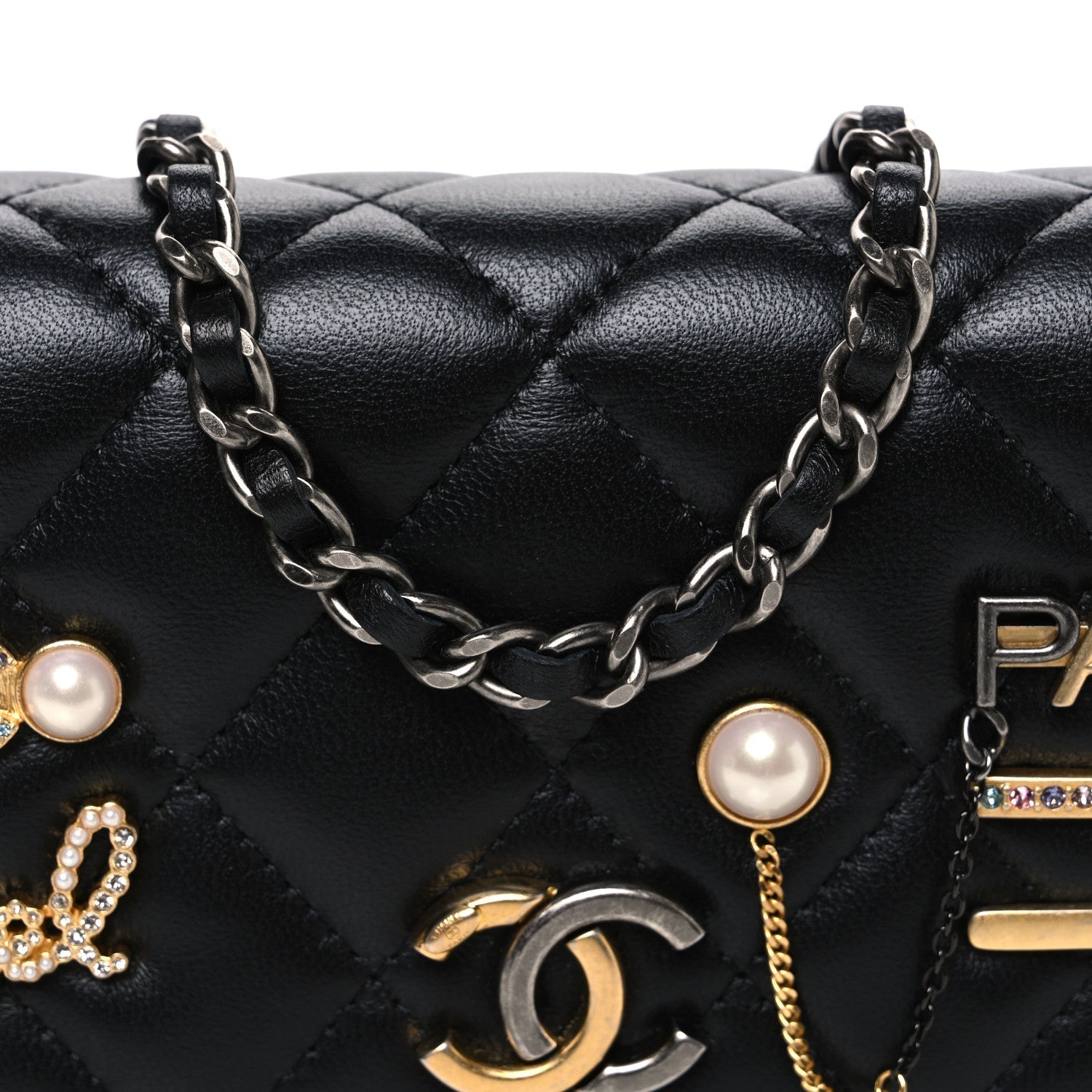 Lambskin Quilted Coco Clips Mini Wallet On Chain WOC Black