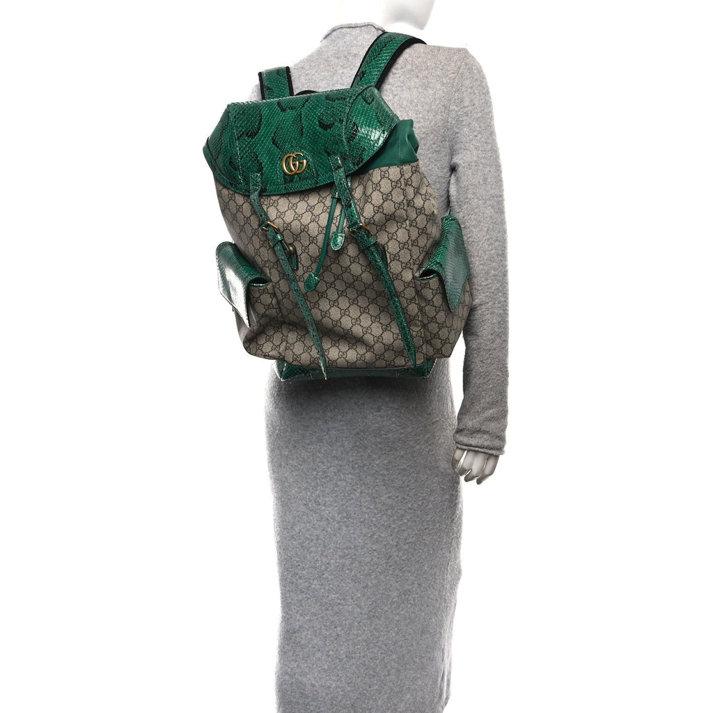 GG Supreme Monogram Snakeskin Ophidia Double Buckle Backpack Brown Green
