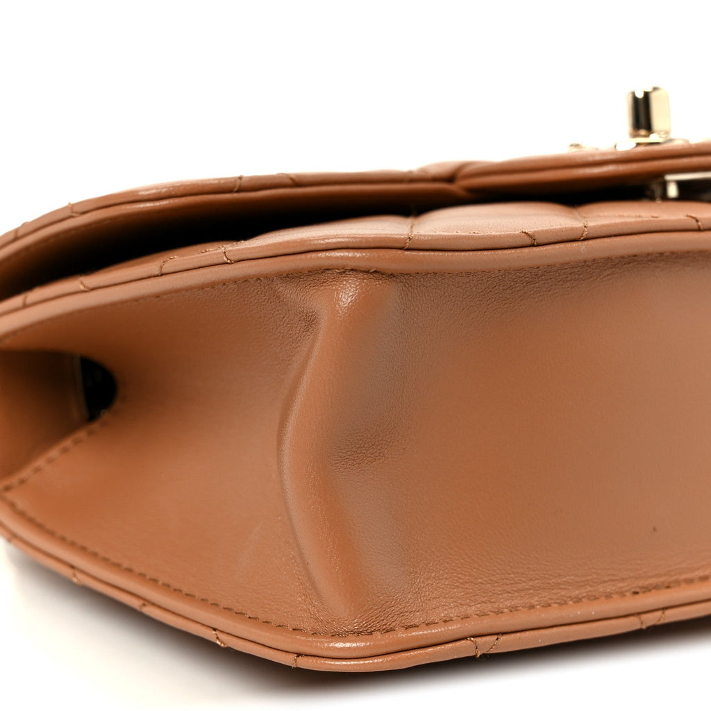 Shiny Lambskin Quilted Mini Flap Brown