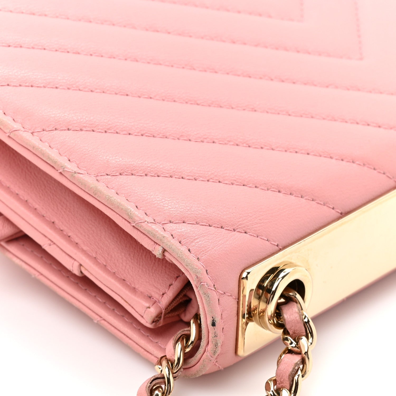 Lambskin Chevron Quilted Trendy CC Wallet On Chain WOC Pink