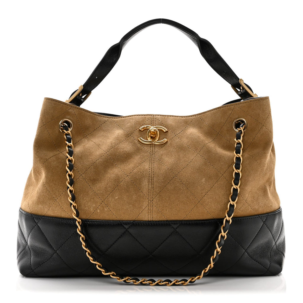 Suede Calfskin Shiny Lambskin Quilted Small Coco Base Shopping Bag Beige Black
