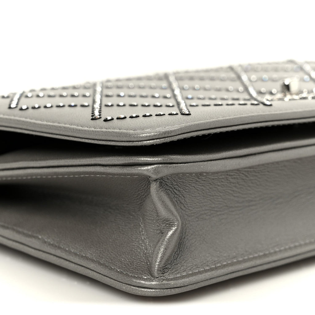 Lambskin Crystal Quilted Wallet On Chain WOC Grey
