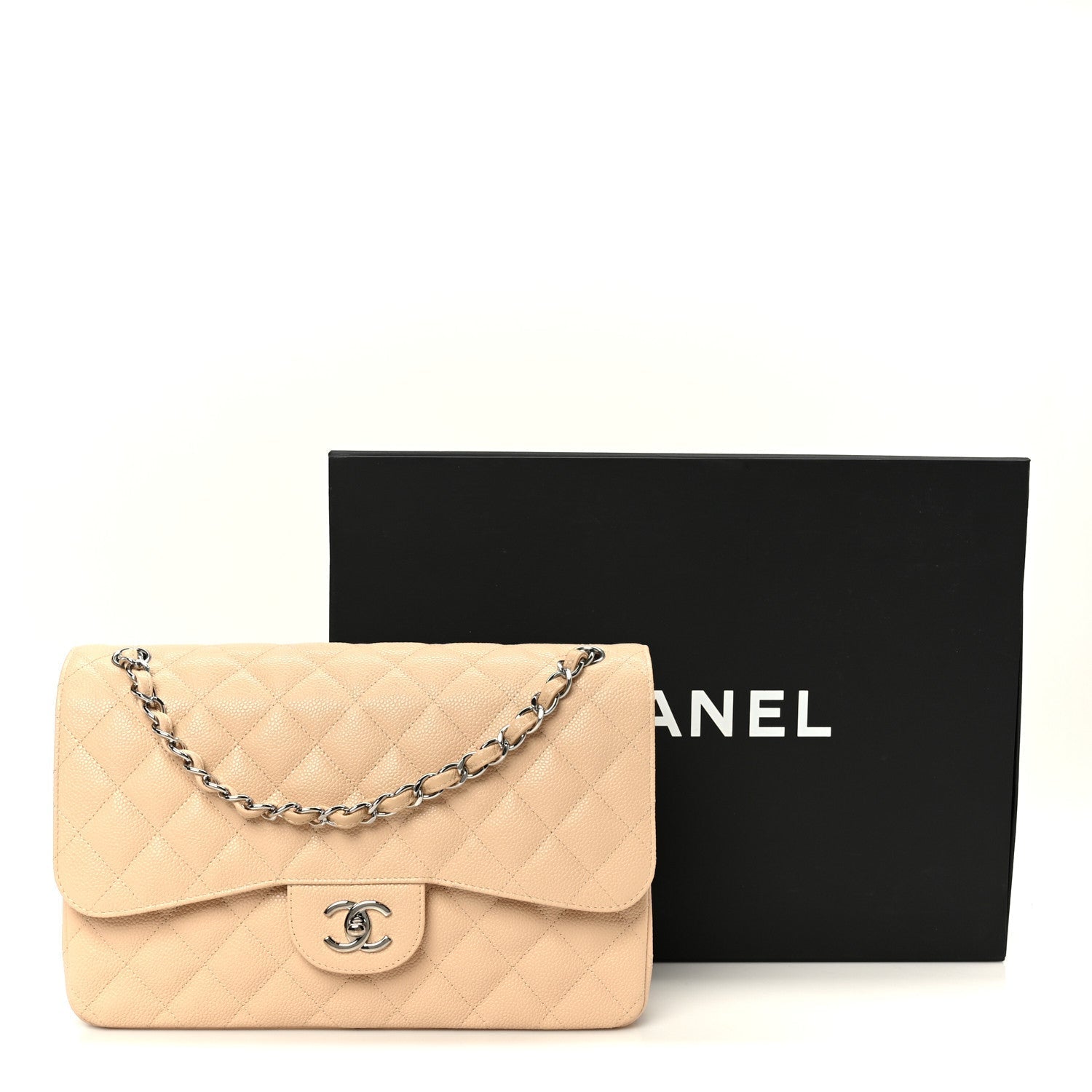 Caviar Quilted Jumbo Double Flap Beige Clair