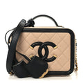 Caviar Quilted Small CC Filigree Vanity Case Beige Black