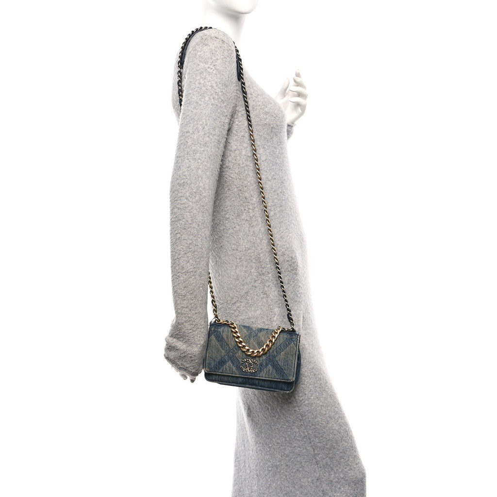 Denim Quilted Chanel 19 Wallet On Chain WOC Blue