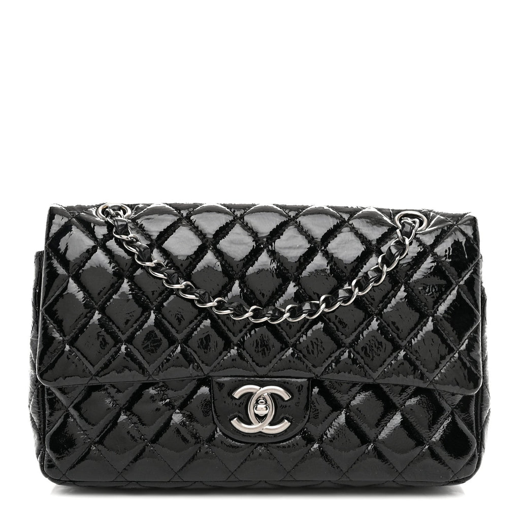 Distressed Patent Quilted Medium Double Flap Black