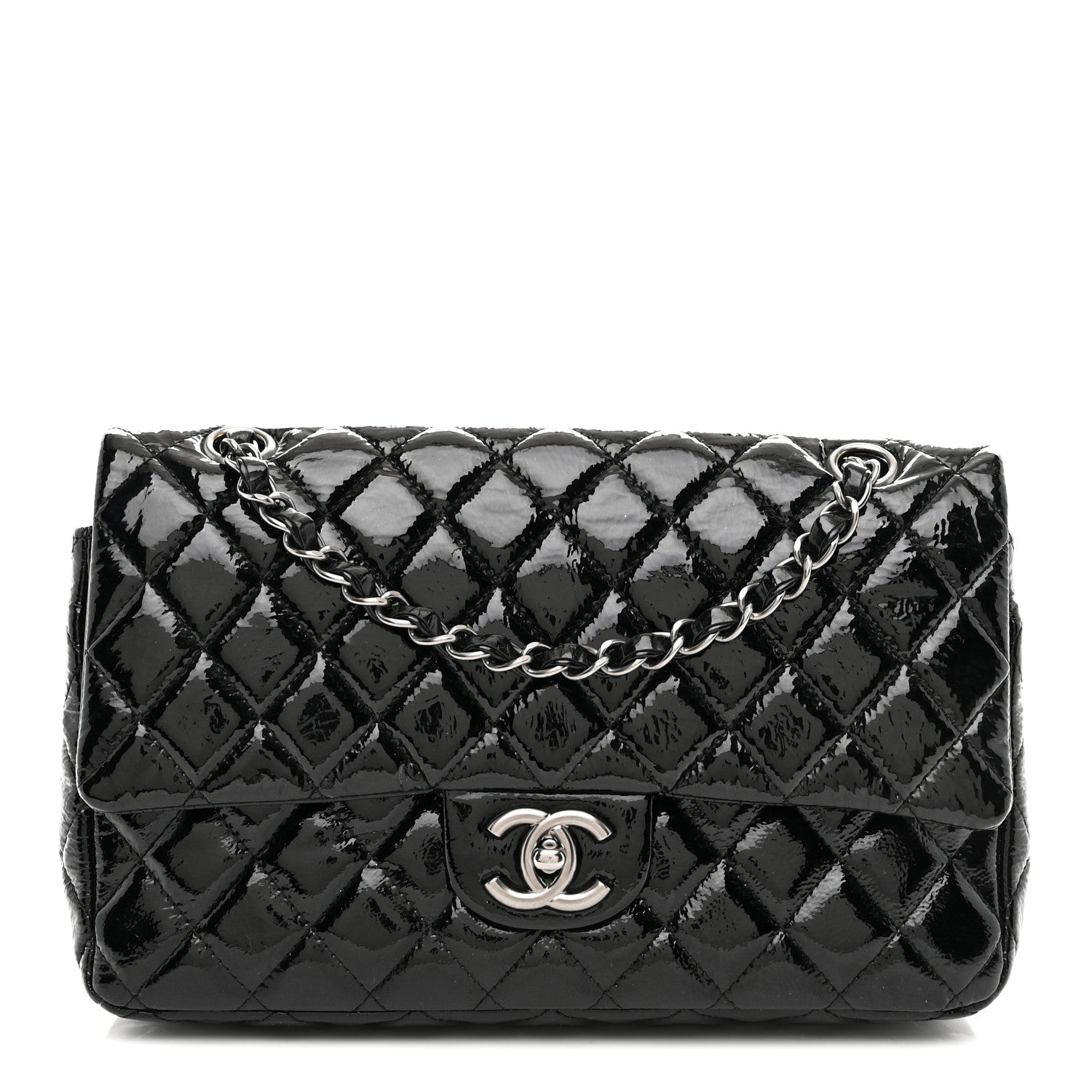 Distressed Patent Quilted Medium Double Flap Black