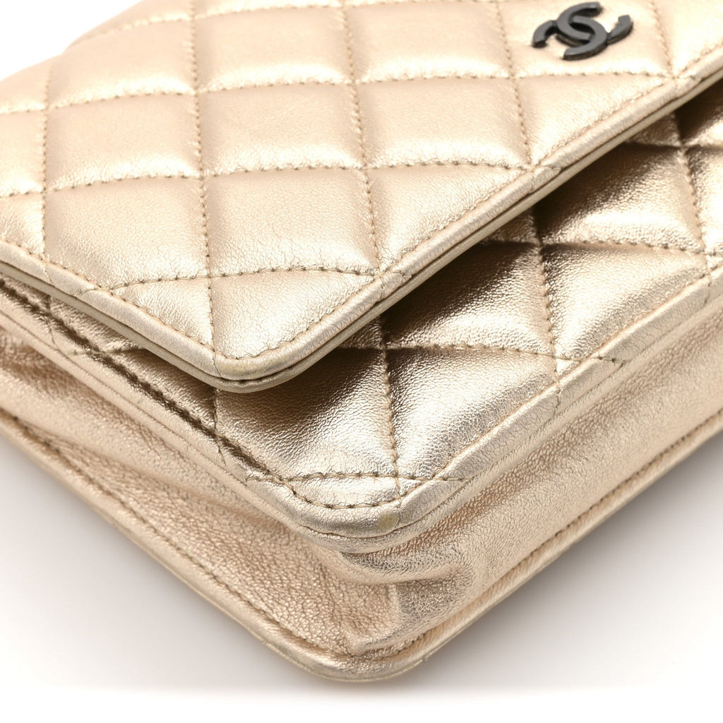 Metallic Lambskin Quilted Wallet On Chain WOC Gold Black