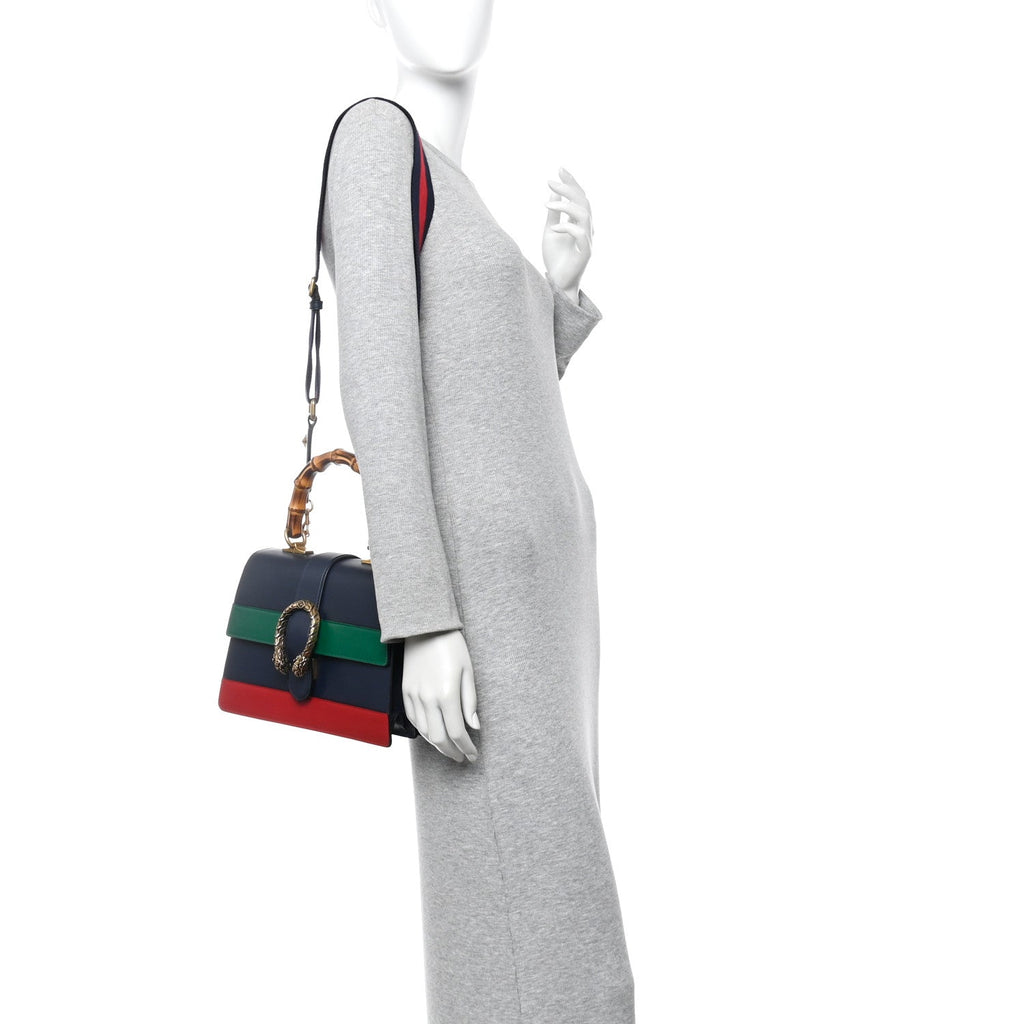 Moon Calfskin Web Medium Dionysus Bamboo Top Handle Bag Black Bright Evergreen Hibiscus Red