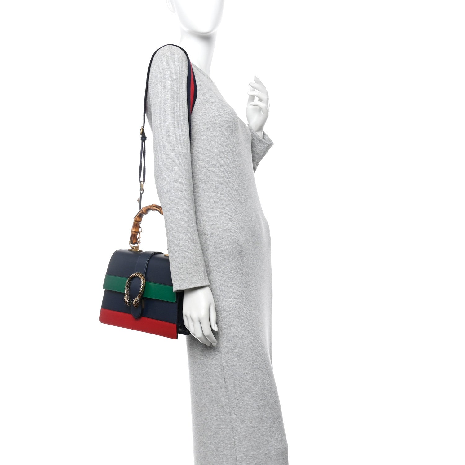 Moon Calfskin Web Medium Dionysus Bamboo Top Handle Bag Black Bright Evergreen Hibiscus Red