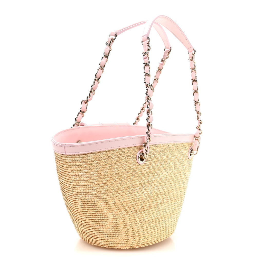 Raffia Lambskin Small Wicker Tote Beige Light Pink