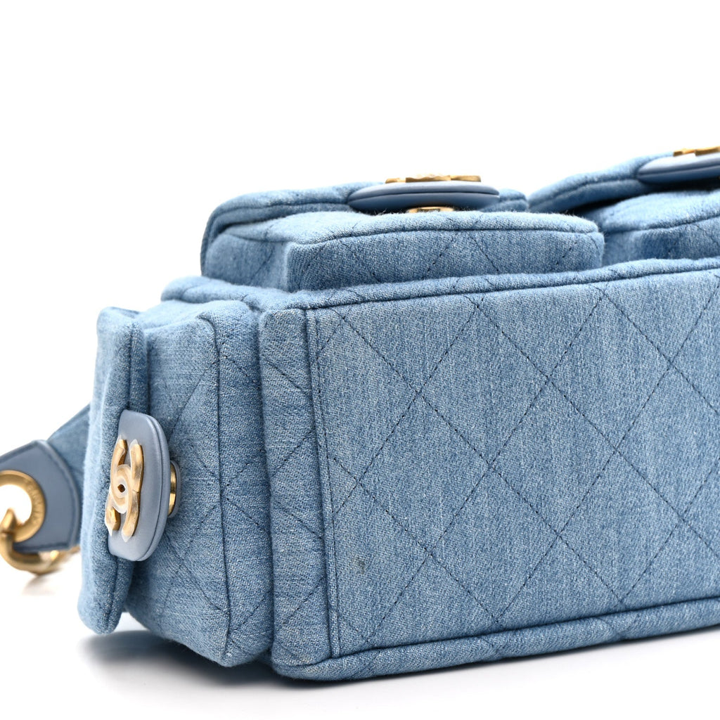 Washed Denim Quilted Large Trendy Pockets Hobo Blue