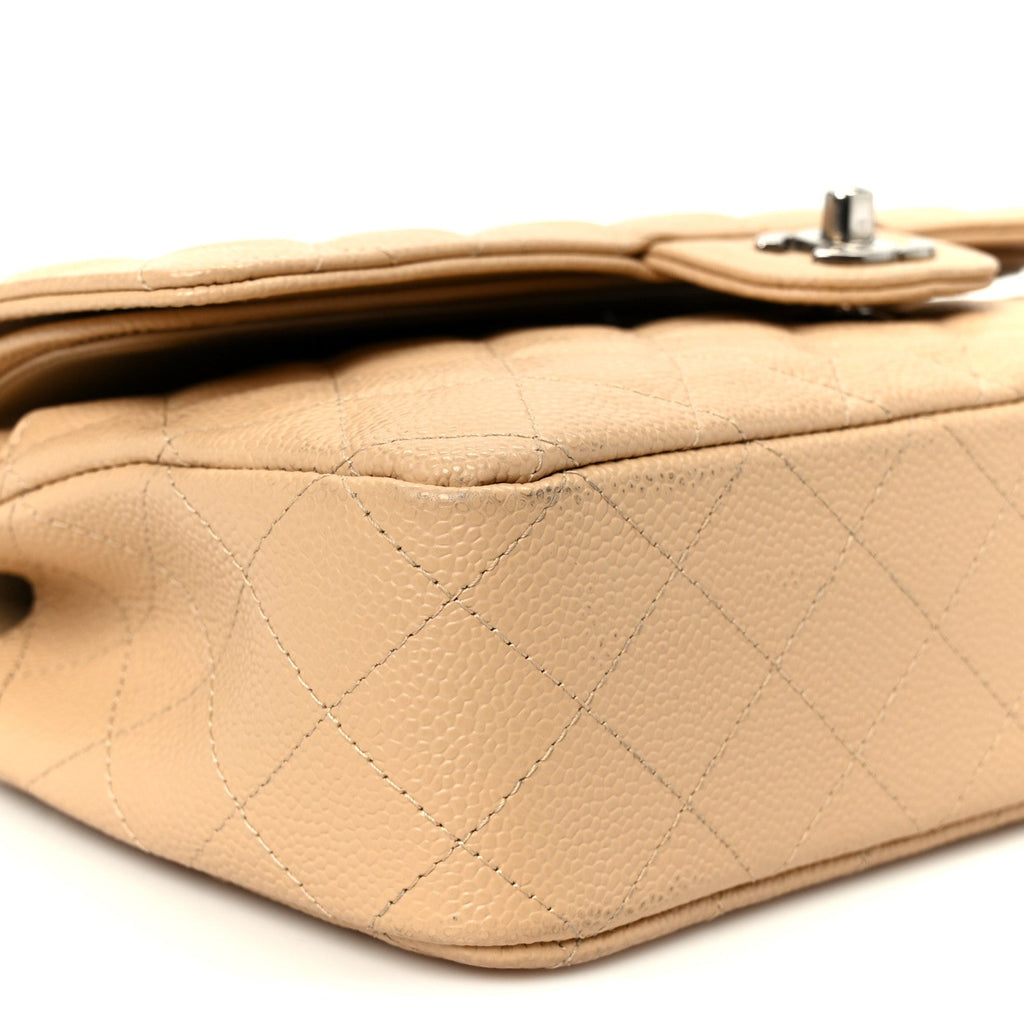 Caviar Quilted Medium Double Flap Beige