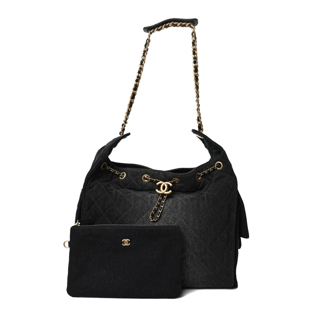 Washed Denim Quilted Medium Chanel 25 Handbag Black