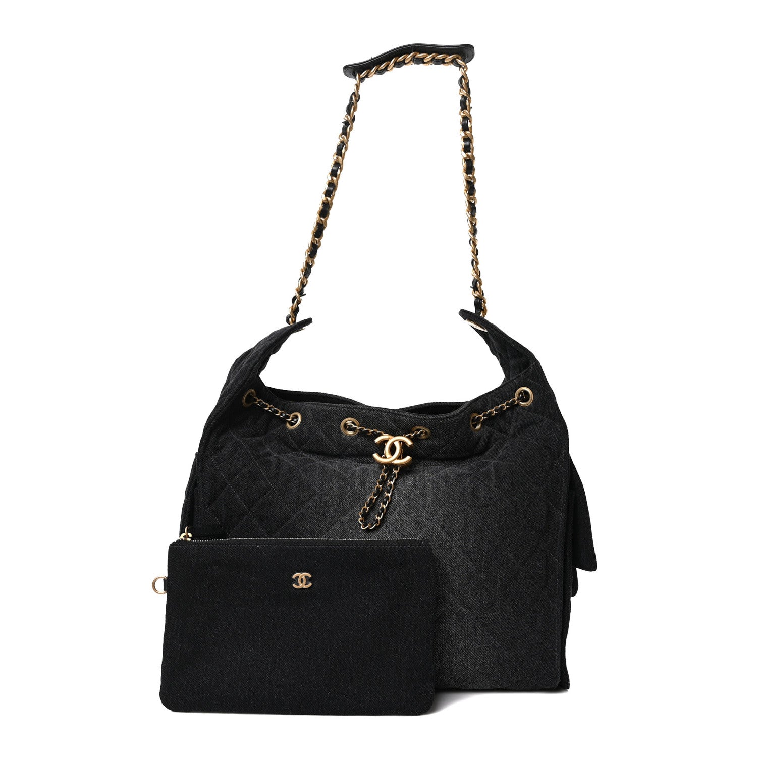 Washed Denim Quilted Medium Chanel 25 Handbag Black