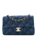 Printed Denim Quilted Mini Rectangular Flap Dark Blue