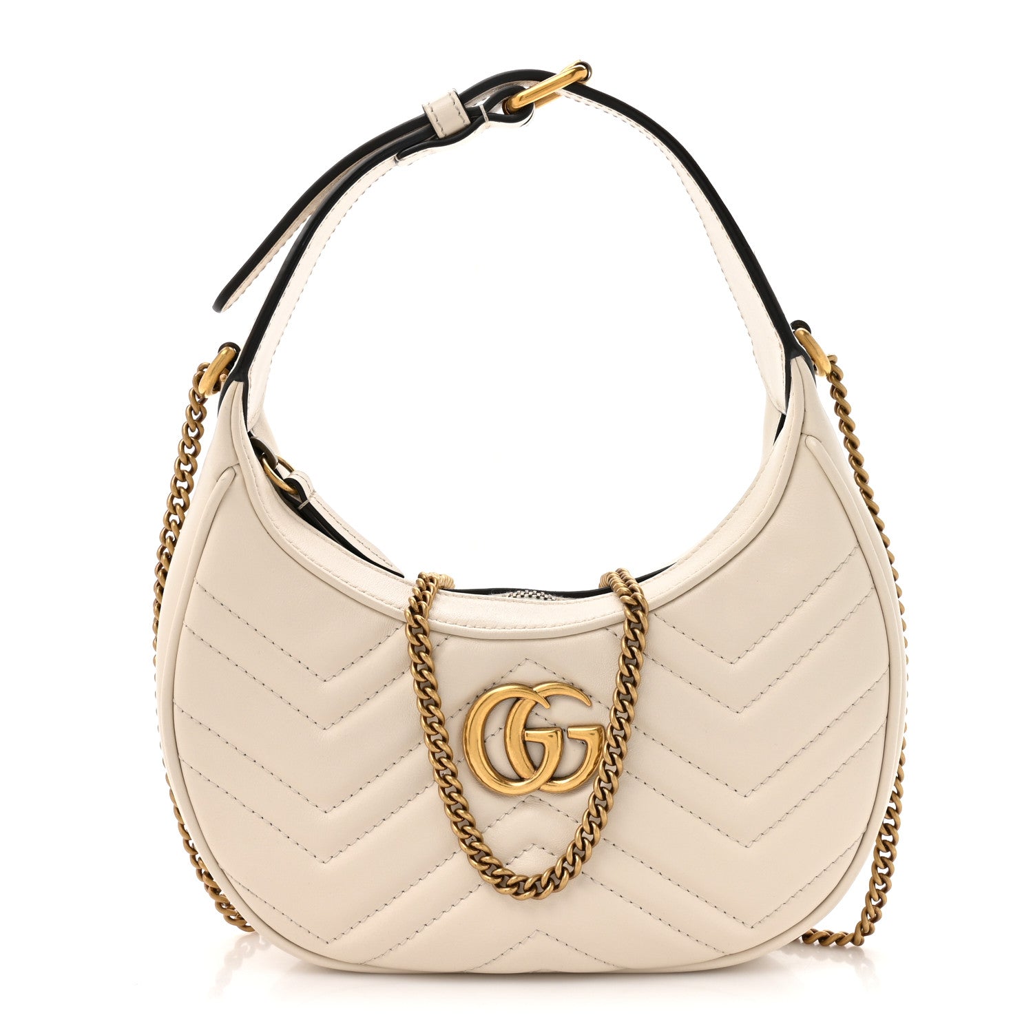 Calfskin Matelasse Chevron Mini GG Marmont Half Moon Hobo Mystic White