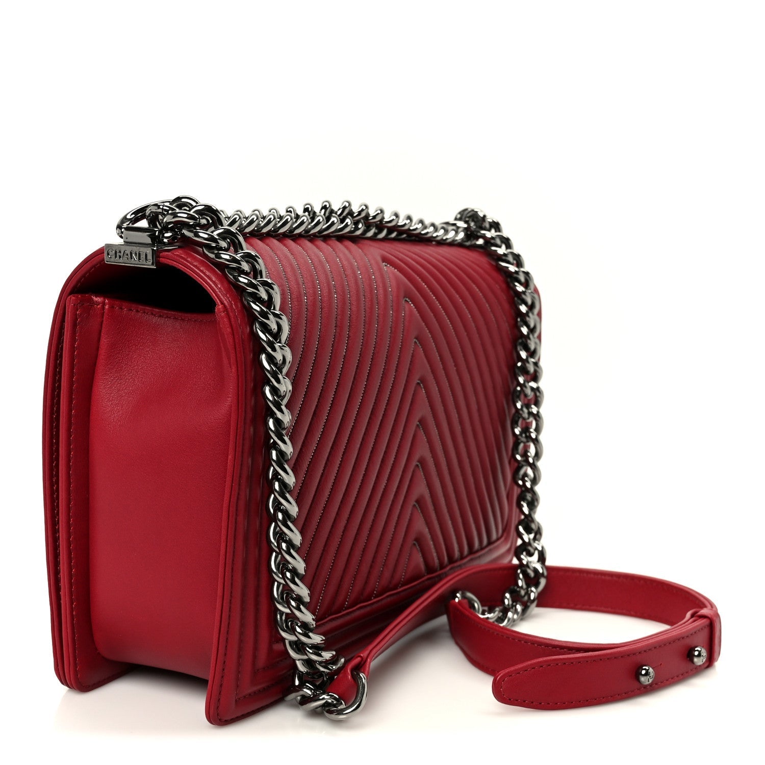 Calfskin Chevron Quilted Large Chain Boy Flap Red
