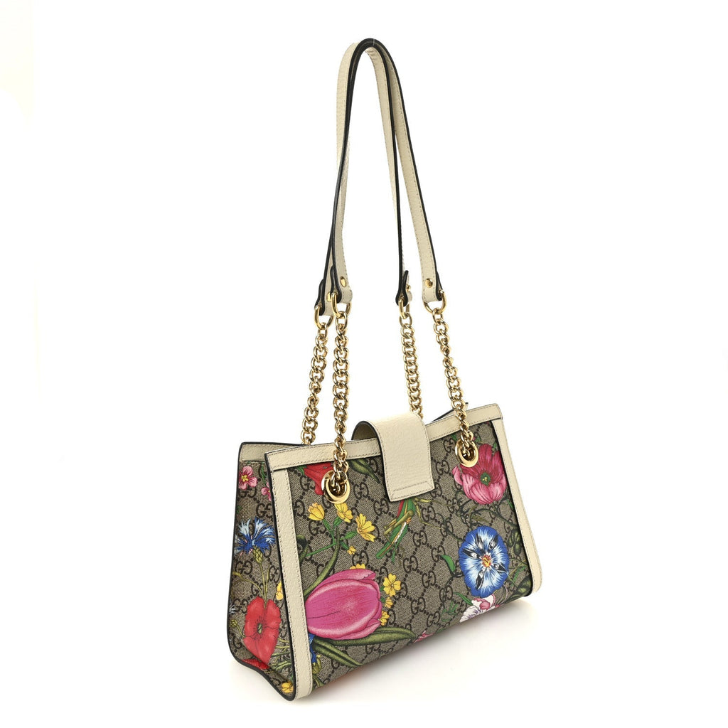 GG Supreme Monogram Flora Textured Calfskin Small Padlock Tote Beige Ebony Multicolor Mystic White