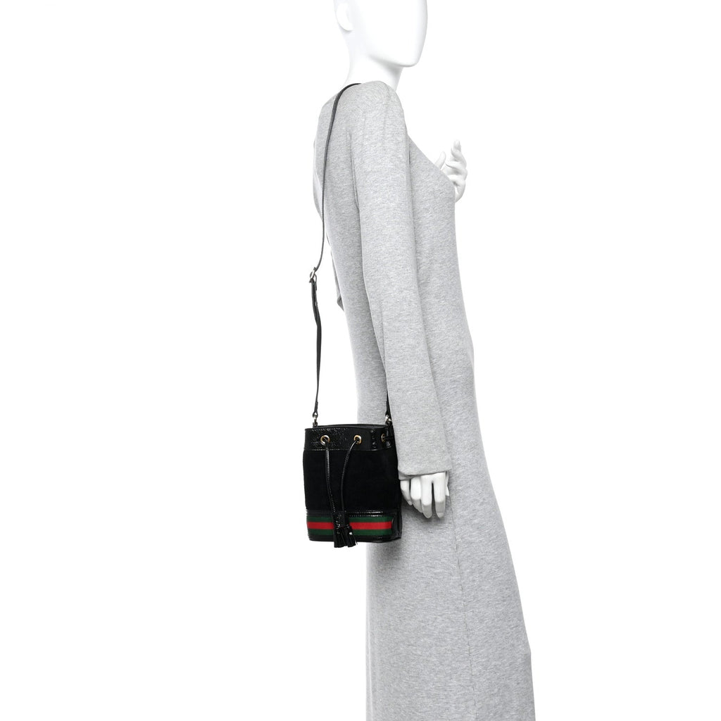 Suede Patent Web Mini Ophidia Bucket Bag Black