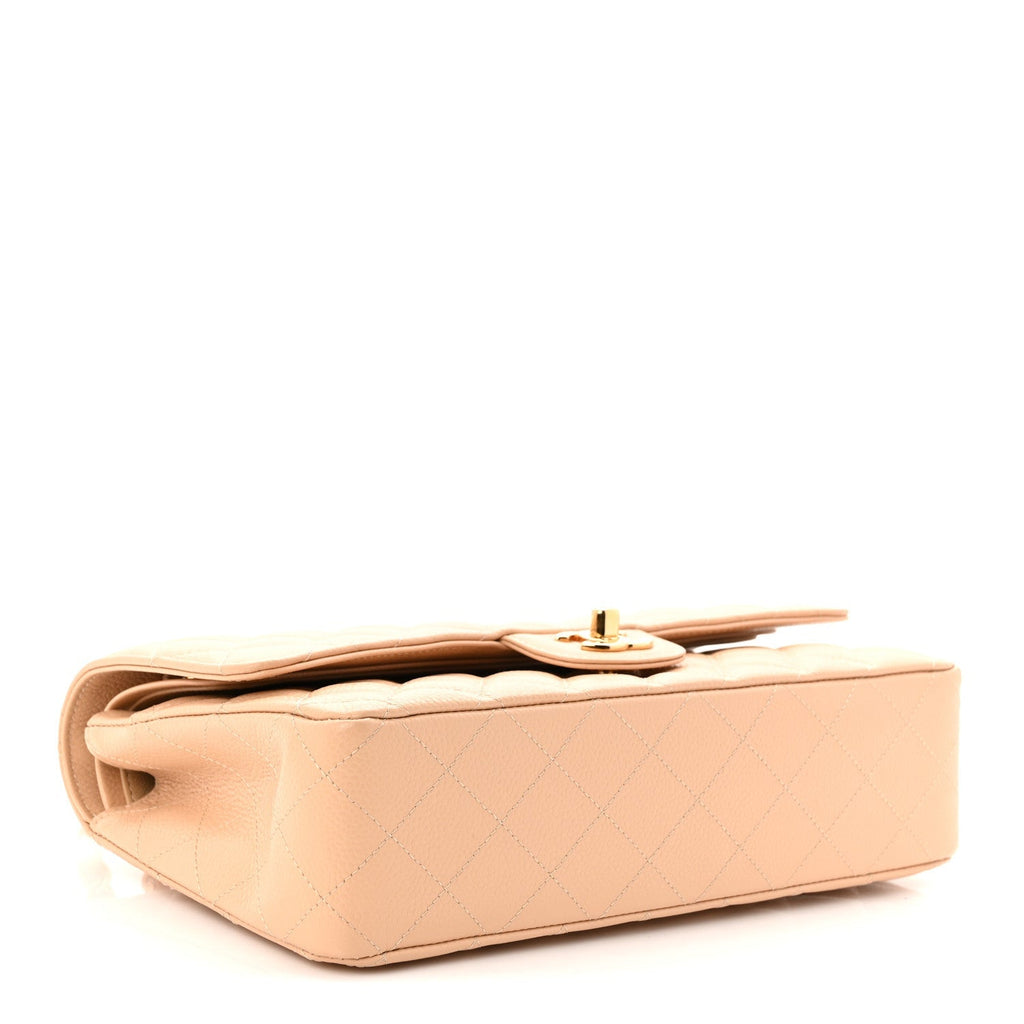 Caviar Quilted Medium Double Flap Beige