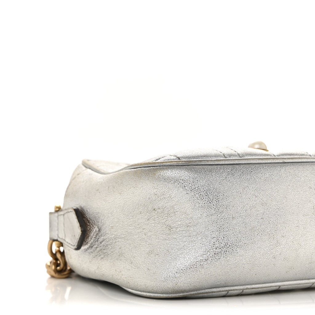 Metallic Calfskin Matelasse Studded Small Pearly GG Marmont Chain Shoulder Bag Silver
